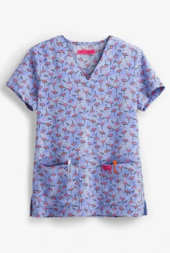 Betsey Johnson Tropical Flamingo Bell Women's 2-Pocket V-Neck Print Scrub Top