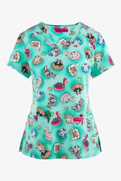 Betsey Johnson Betsy Johnson Dog's Pool Pawty Women's 2-Pocket STRETCH V-Neck Print Scrub Top