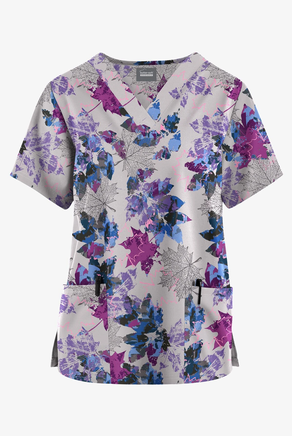 Butter-Soft Originals Autumn Park Silver Women's 2-Pocket Classic Fit V-Neck Printed Scrub Top 1 Butter-Soft Originals Autumn Park Silver Women's 2-Pocket Classic Fit V-Neck Printed Scrub Top