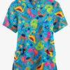 Butter-Soft Originals Dino Party Turquoise Women's 2-Pocket Classic Fit V-Neck Printed Scrub Top