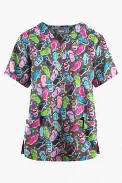 Butter-Soft Originals Flip Flop Fun Pewter Women's 2-Pocket Classic Fit V-Neck Printed Scrub Top