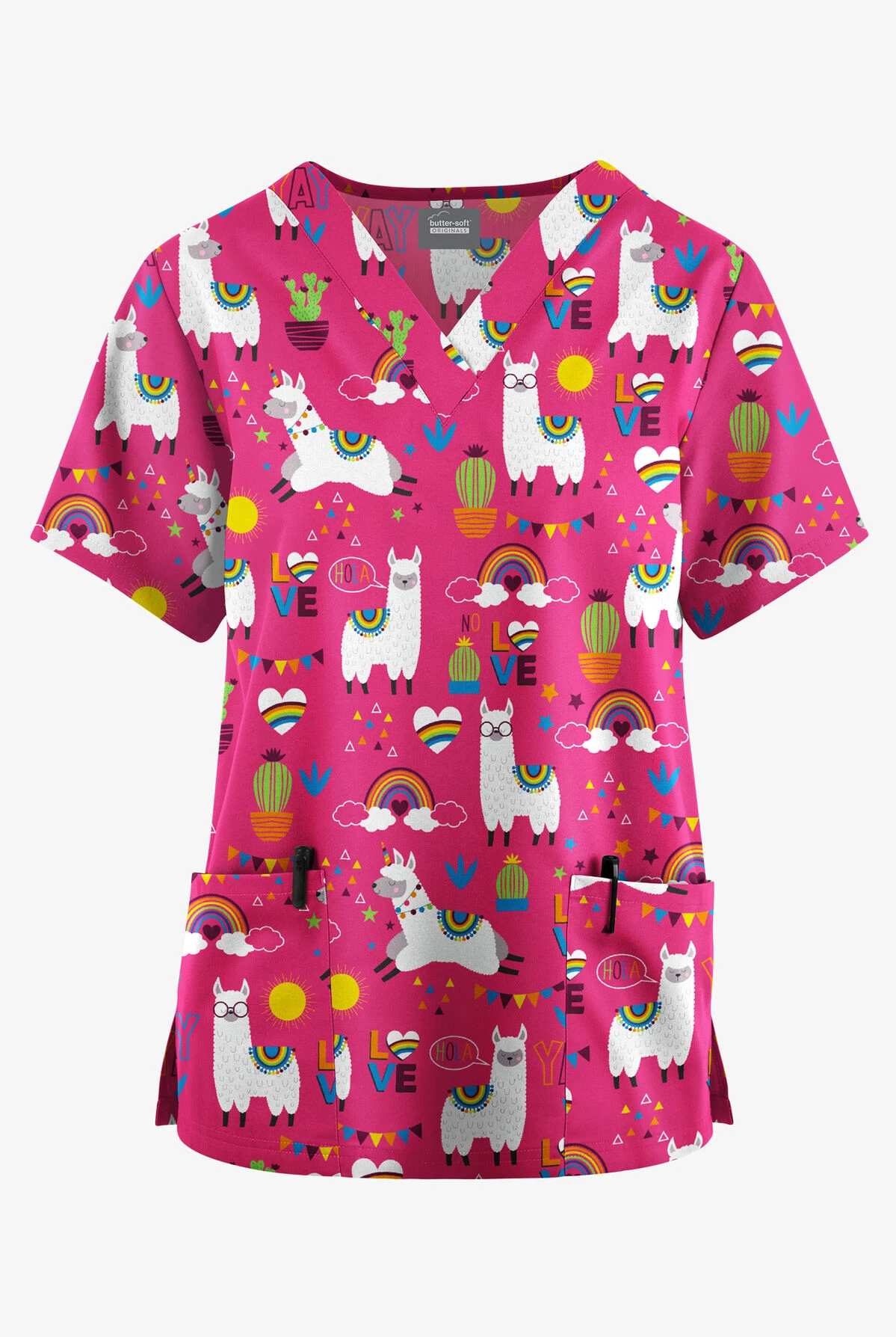 Butter-Soft Originals Llama Love Fuchsia Women's 2-Pocket Classic Fit V-Neck Printed Scrub Top 1 Butter-Soft Originals Llama Love Fuchsia Women's 2-Pocket Classic Fit V-Neck Printed Scrub Top