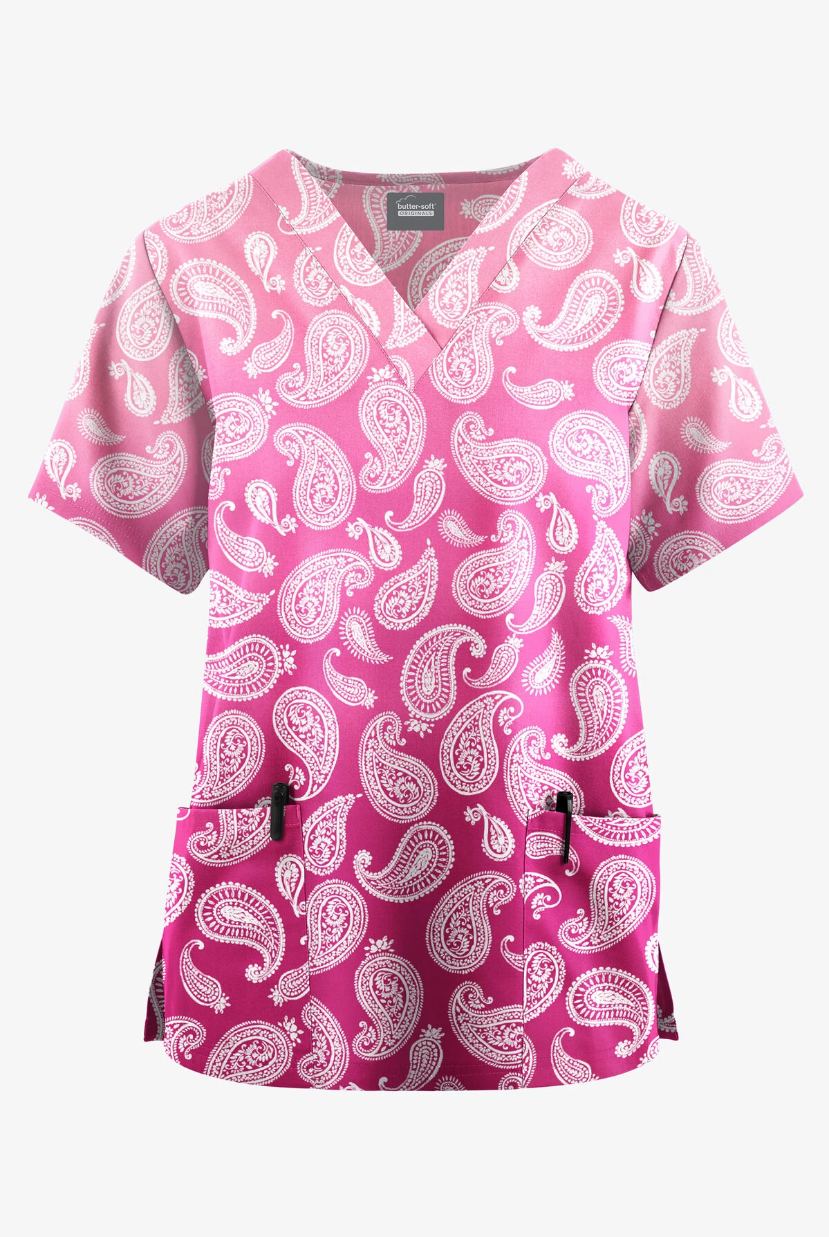 Butter-Soft Originals Paisley Gradient Fuchsia Women's 2-Pocket Classic Fit V-Neck Printed Scrub Top 1 Butter-Soft Originals Paisley Gradient Fuchsia Women's 2-Pocket Classic Fit V-Neck Printed Scrub Top