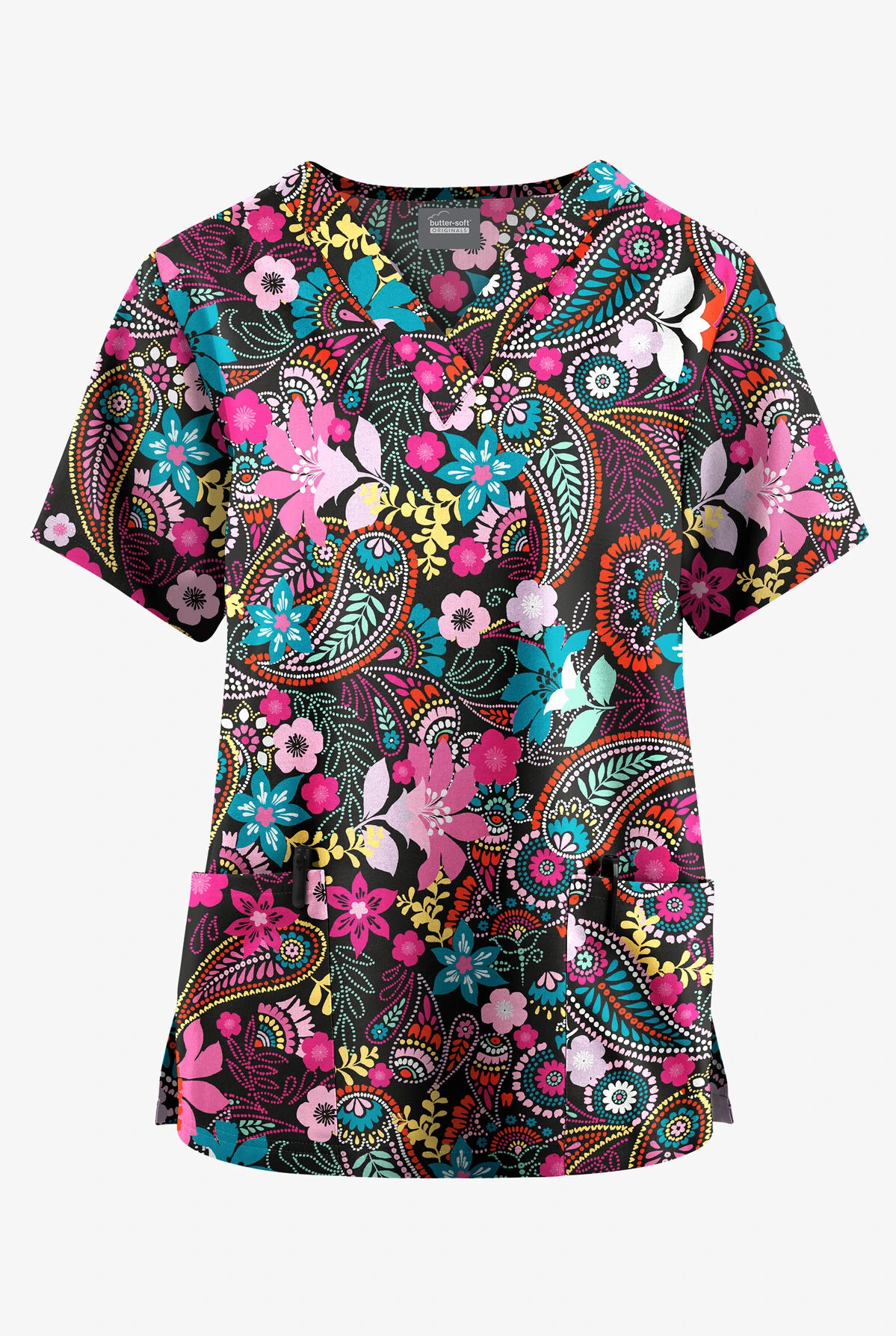 Butter-Soft Originals Royal Paisley Fuchsia Women's 2-Pocket Classic Fit V-Neck Printed Scrub Top 1 Butter-Soft Originals Royal Paisley Fuchsia Women's 2-Pocket Classic Fit V-Neck Printed Scrub Top