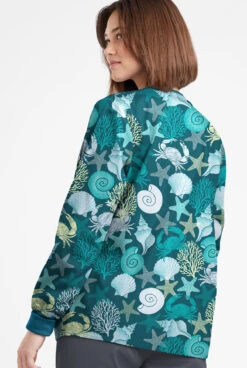 Butter-Soft Originals Beach Day Caribbean Blue Women's 3-Pocket Warm-Up Printed Scrub Jacket -Cherokee Shop BSN1182BDCB 092623 3
