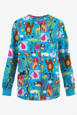 Butter-Soft Originals Jungle Party Turquoise Women's 3-Pocket Warm-Up Printed Scrub Jacket