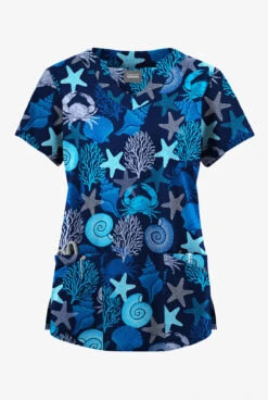 Butter-Soft Originals Beach Day Navy Women's 6-Pocket Scallop Neck Printed Scrub Top