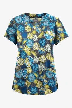 Butter-Soft Originals Citrus Slice Pewter Women's 6-Pocket Scallop Neck Printed Scrub Top 