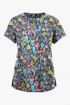 Butter-Soft Originals Desert Cactus Pewter Women's 6-Pocket Scallop Neck Printed Scrub Top