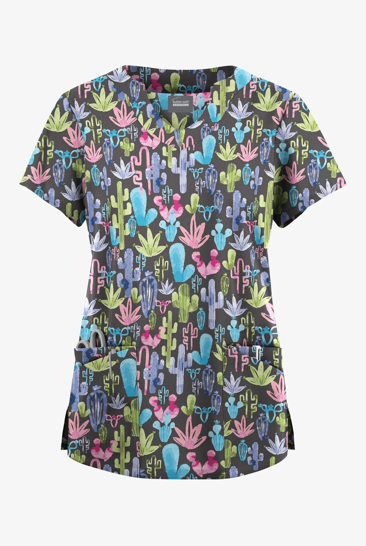 Butter-Soft Originals Desert Cactus Pewter Women's 6-Pocket Scallop Neck Printed Scrub Top 1 Butter-Soft Originals Desert Cactus Pewter Women's 6-Pocket Scallop Neck Printed Scrub Top