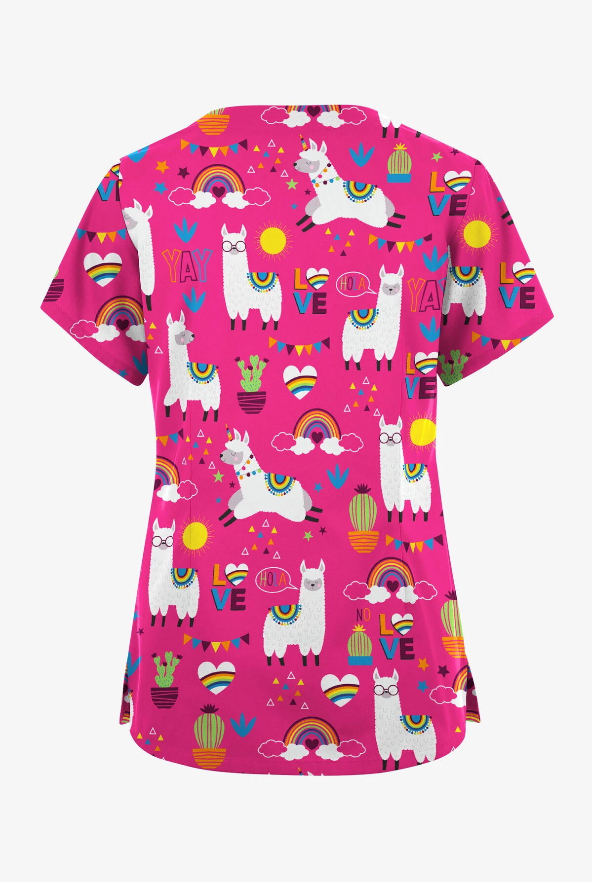 Butter-Soft Originals Llama Love Fuchsia Women's 6-Pocket Scallop Neck Printed Scrub Top 2 Butter-Soft Originals Llama Love Fuchsia Women's 6-Pocket Scallop Neck Printed Scrub Top - Image 2