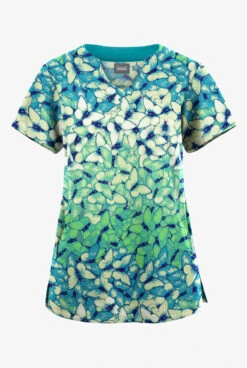 Butter-Soft Originals Garden Butterflies Teal Women's 2-Pocket Scallop Neck Printed Scrub Top