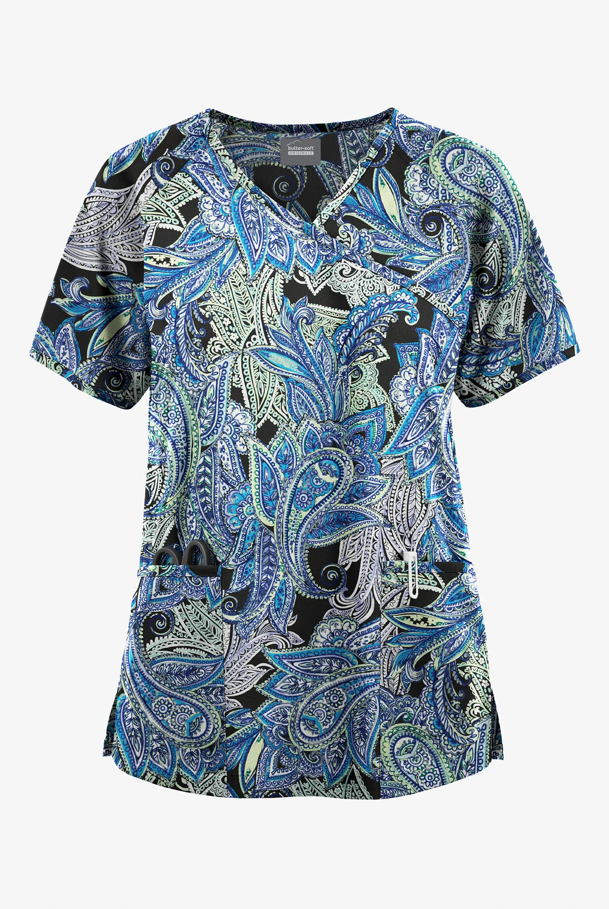 Butter-Soft Originals Layered Paisley Women's 3-Pocket Mock Wrap Raglan Sleeve Printed Scrub Top 1 Butter-Soft Originals Layered Paisley Women's 3-Pocket Mock Wrap Raglan Sleeve Printed Scrub Top