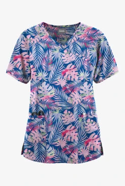 Butter-Soft Originals Tropical Garden Women's 3-Pocket Mock Wrap Raglan Sleeve Printed Scrub Top 