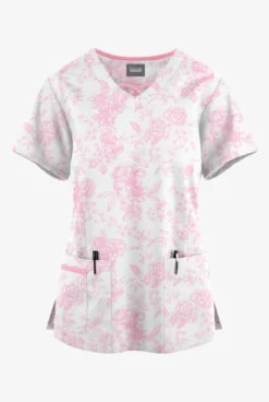 Butter-Soft Originals Etched Roses Blush Women's 3-Pocket Criss Cross Printed Scrub Top