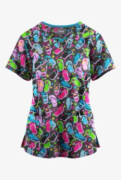 Butter-Soft Originals Flip Flop Fun Pewter Women's 3-Pocket Criss Cross Printed Scrub Top