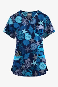 Butter-Soft Originals Beach Day Navy Women's 7-Pocket Curved V-Neck Printed Scrub Top