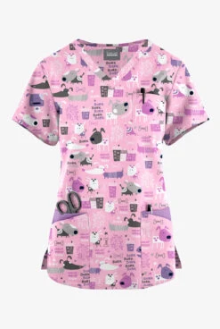 Butter-Soft Originals Bark Park Blush Women's 7-Pocket Curved V-Neck Printed Scrub Top