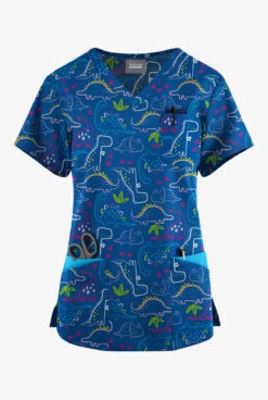 Butter-Soft Originals Dino Park Royal Women's 7-Pocket Curved V-Neck Printed Scrub Top