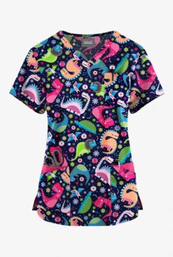 Butter-Soft Originals Dino Party Navy Women's 7-Pocket Rounded V-Neck Printed Scrub Top