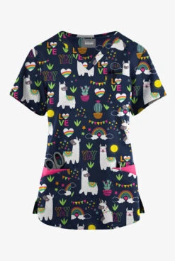 Butter-Soft Originals Llama Love Navy Women's 7-Pocket Curved V-Neck Printed Scrub Top