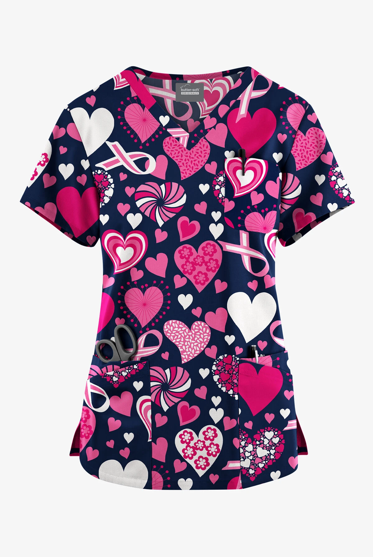 Butter-Soft Originals Ribbons Of Love Navy Women's 7-Pocket Rounded V-Neck Printed Scrub Top 1 Butter-Soft Originals Ribbons Of Love Navy Women's 7-Pocket Rounded V-Neck Printed Scrub Top
