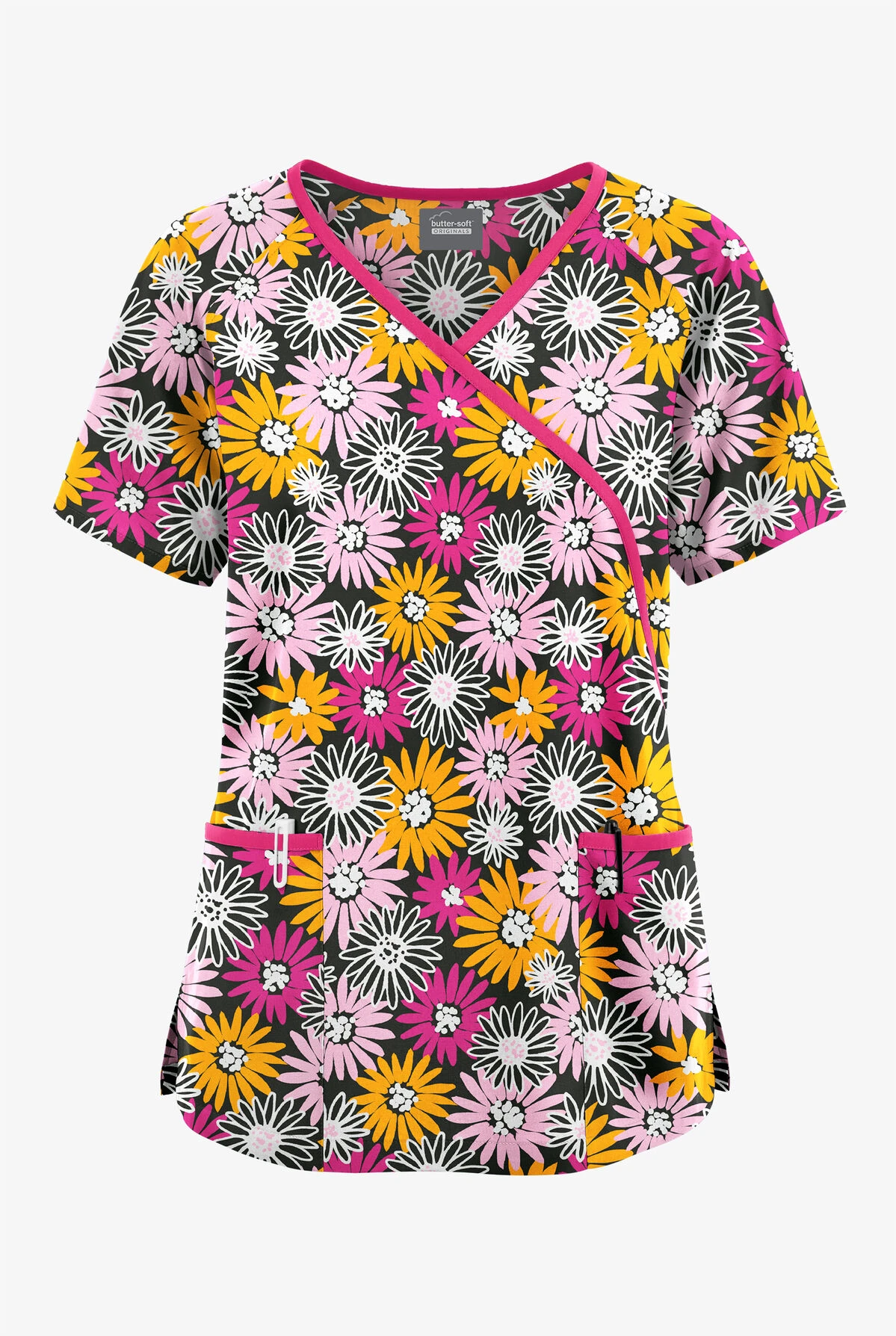 Butter-Soft Originals Pop Of Daisies Women's 3-Pocket Mock Wrap With Ties Printed Scrub Top 1 Butter-Soft Originals Pop Of Daisies Women's 3-Pocket Mock Wrap With Ties Printed Scrub Top