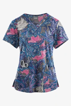 Butter-Soft Originals Layered Paisley Grey Stone Women's 4-Pocket Rounded V-Neck Printed Scrub Top
