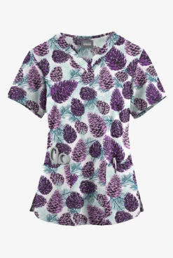 Butter-Soft Originals Winter Pine Cones White Printed Women's 4-Pocket Rounded V-Neck Scrub Top
