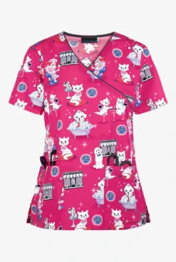 Cherokee Beauty Paw-lor Mock Wrap Print Scrub Top