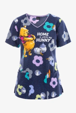 Cherokee Tooniforms Home And Hunny Winnie The Pooh Women's 3-Pocket STRETCH V-Neck Print Scrub Top