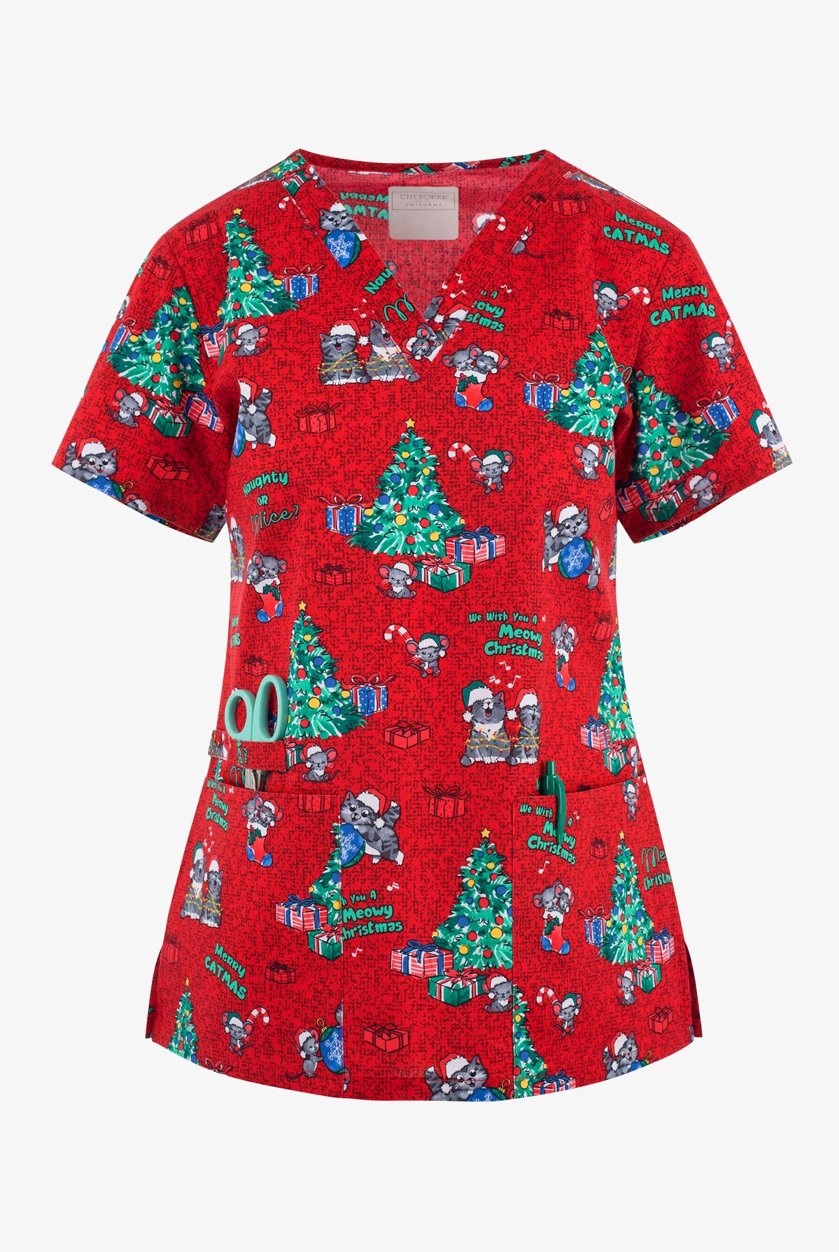 Cherokee Genuine Meowy Christmouse Women's 2-Pocket STRETCH V-Neck Print Scrub Top 1 Cherokee Genuine Meowy Christmouse Women's 2-Pocket STRETCH V-Neck Print Scrub Top