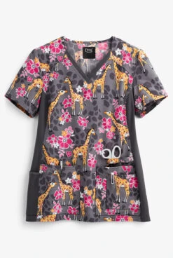 Cherokee Iflex Spotted In The Wild Women's 4-Pocket V-Neck STRETCH Print Scrub Top