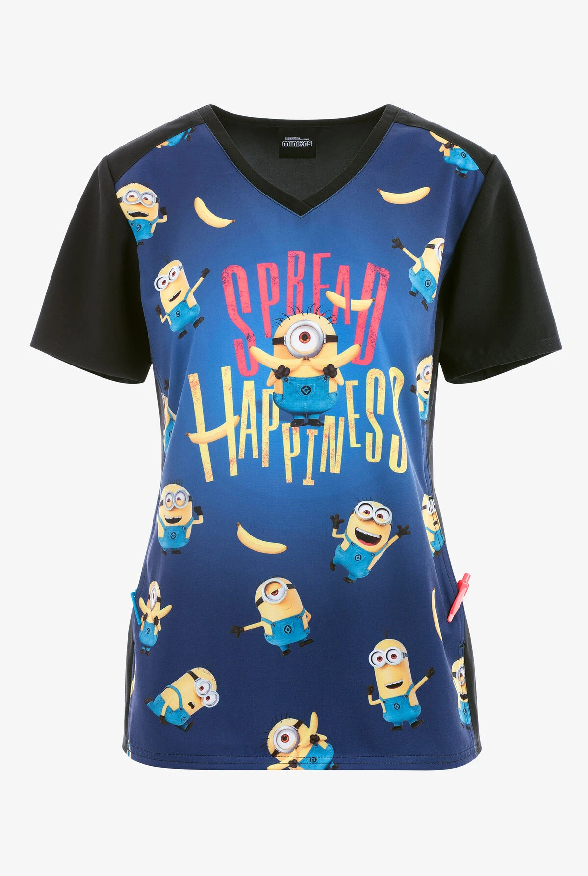 Cherokee Tooniforms Say Banana Minions Women's 2-Pocket STRETCH V-Neck Print Scrub Top 1 Cherokee Tooniforms Say Banana Minions Women's 2-Pocket STRETCH V-Neck Print Scrub Top