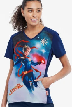 Cherokee Tooniforms Marvel Captain Marvel Women's 1-Pocket V-Neck Print Scrub Top -Cherokee Shop CK637MAR 3 S