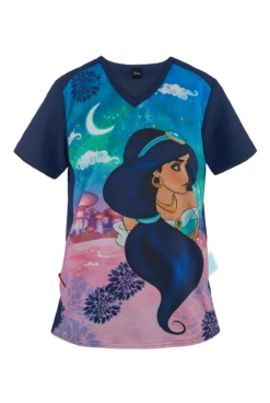 Cherokee Tooniforms Disney Jasmine Nights Women's 1-Pocket V-Neck Print Scrub Top