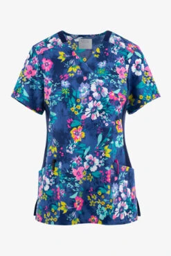 Cherokee Iflex Blooming Tie Dye Floral Women's 2-Pocket STRETCH Mock Wrap Print Scrub Top