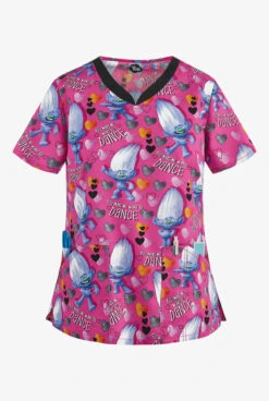 Cherokee Tooniforms DreamWorks Trolls Diamond Dance Women's 3-Pocket V-Neck Print Scrub Top