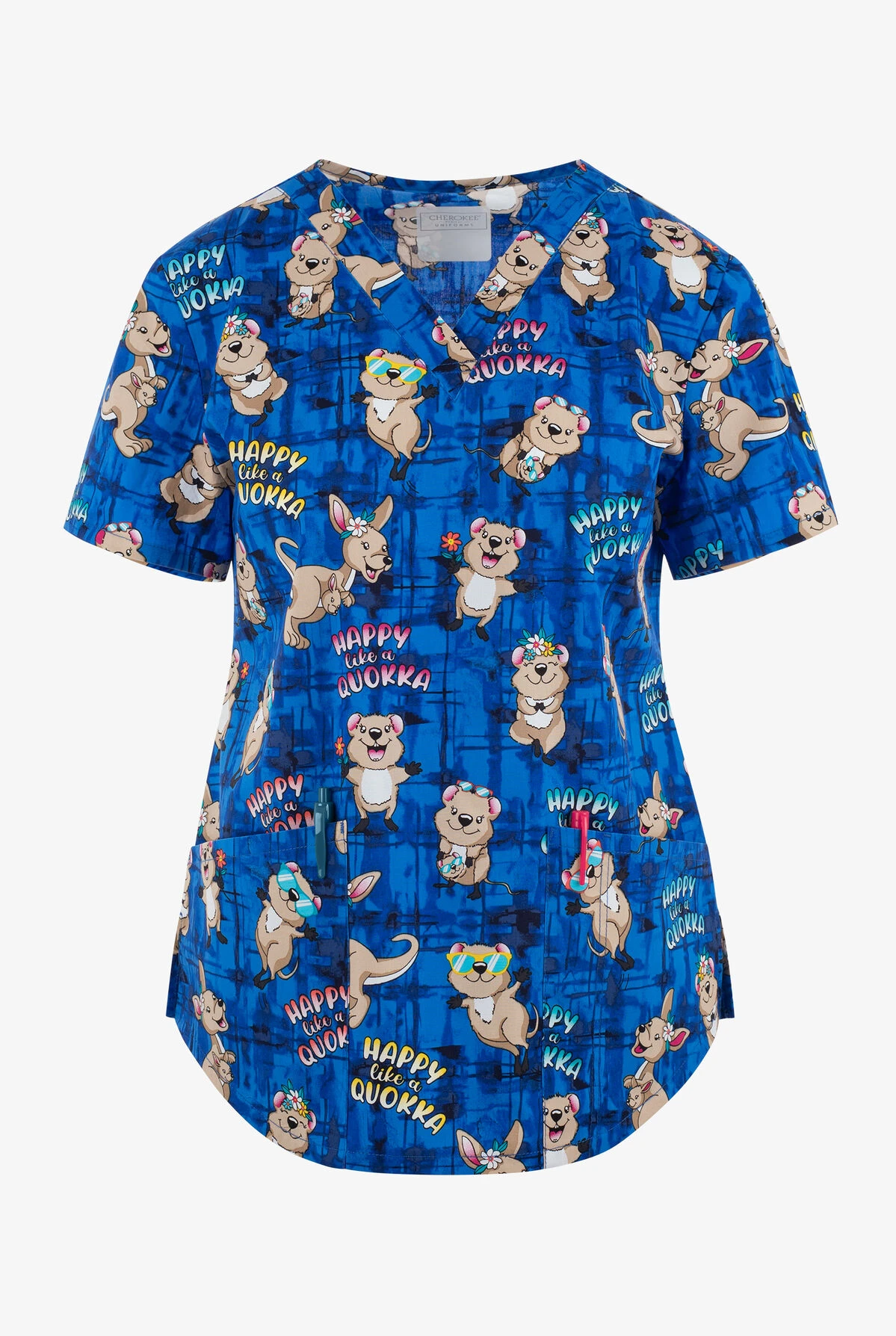 Cherokee Genuine Happy As A Quokka Women's 2-Pocket STRETCH V-Neck Print Scrub Top 1 Cherokee Genuine Happy As A Quokka Women's 2-Pocket STRETCH V-Neck Print Scrub Top