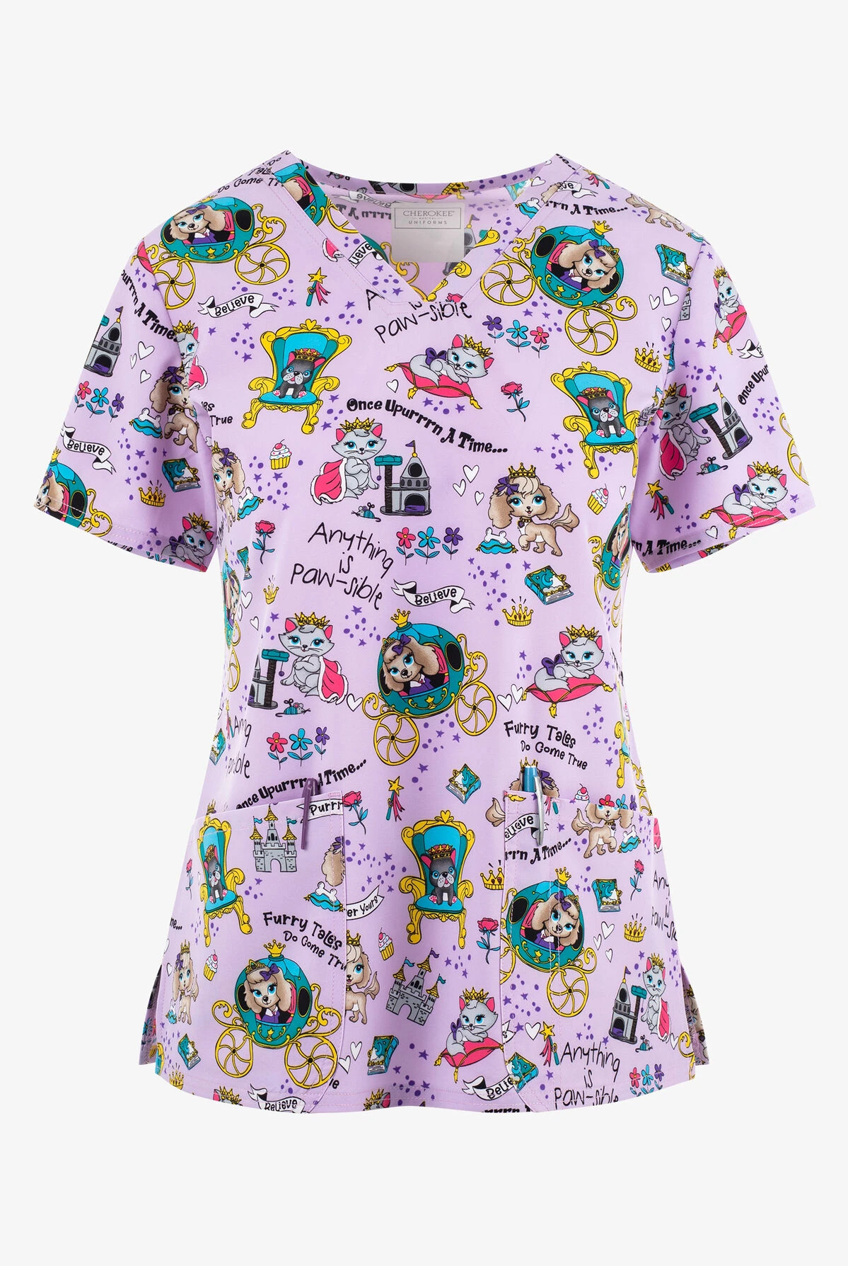 Cherokee Genuine Furry Tales Cats And Dogs Women's 2-Pocket STRETCH V-Neck Print Scrub Top 1 Cherokee Genuine Furry Tales Cats And Dogs Women's 2-Pocket STRETCH V-Neck Print Scrub Top