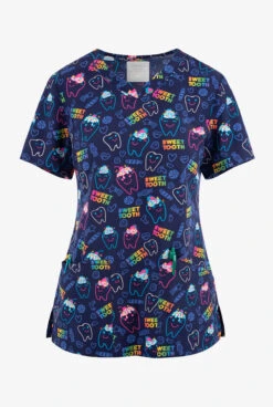 Cherokee Genuine Sweet Tooth Dental Women's 3-Pocket STRETCH V-Neck Print Scrub Top