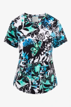 Cherokee Genuine Brushy Botanicals Floral Women's 2-Pocket STRETCH V-Neck Print Scrub Top