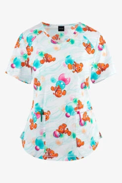 Cherokee Tooniforms Disney's Finding Nemo Bubbles Women's 2-Pocket STRETCH V-Neck Print Scrub Top