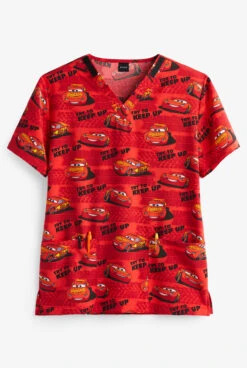 Cherokee Tooniforms Try To Keep Up Lightning McQueen Cars Unisex 2-Pocket STRETCH V-Neck Print Scrub Top