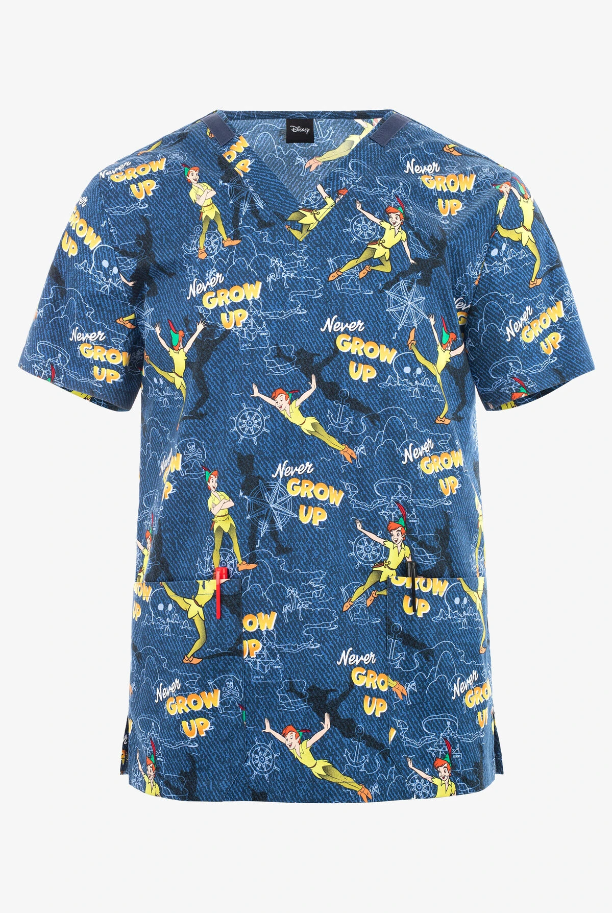 Cherokee Tooniforms Disney's Peter Pan Come With Me Unisex 2-Pocket STRETCH V-Neck Print Scrub Top 1 Cherokee Tooniforms Disney's Peter Pan Come With Me Unisex 2-Pocket STRETCH V-Neck Print Scrub Top