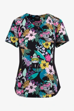 Cherokee Iflex Dreamy Jungle Pandas And Koalas Women's 2-Pocket STRETCH V-Neck Print Scrub Top