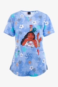 Cherokee Tooniforms Beach Buddies Moana Women's 2-Pocket STRETCH V-Neck Print Scrub Top