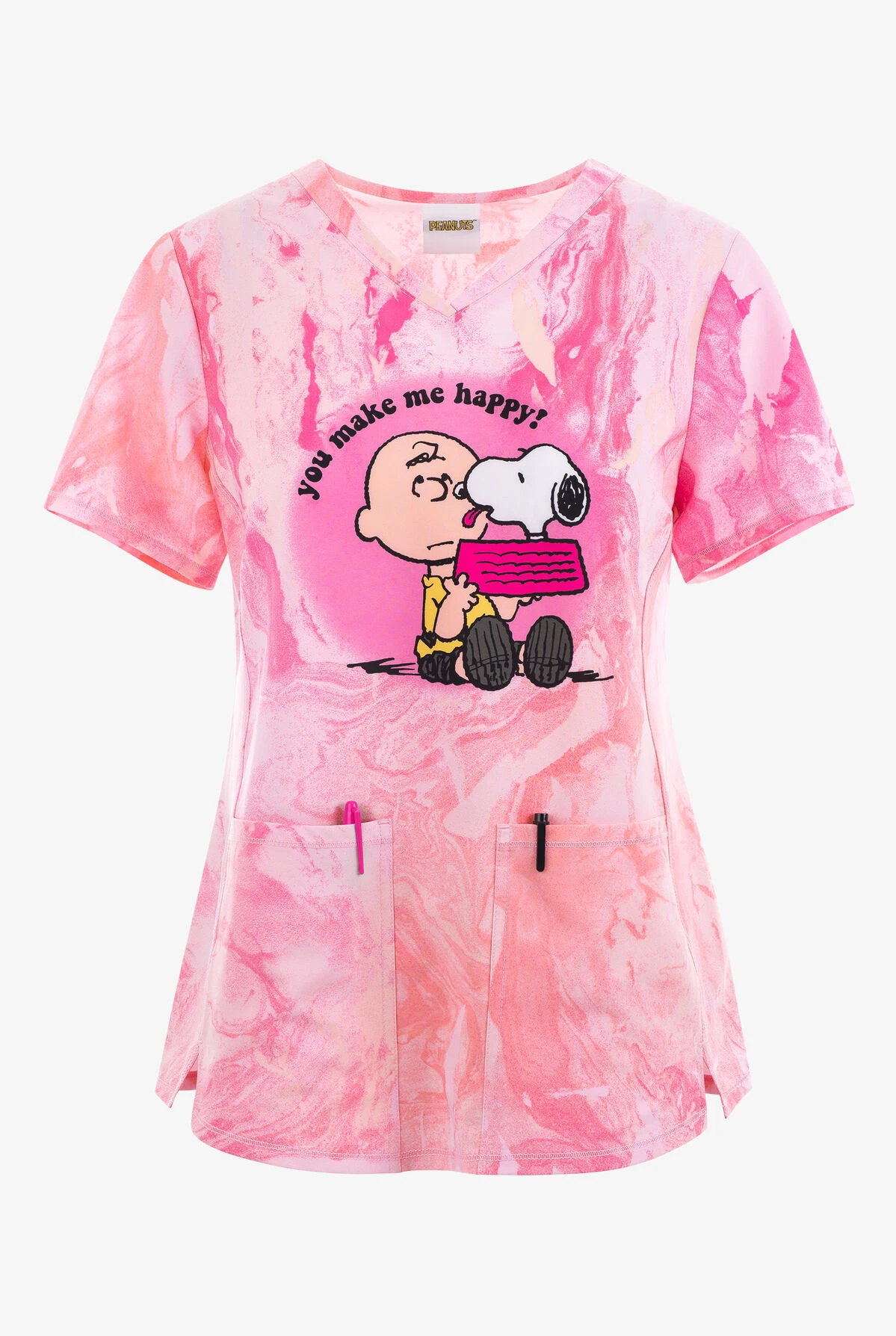 Cherokee Tooniforms Perfect Friend Charlie Brown & Snoopy Women's 2-Pocket STRETCH V-Neck Print Scrub Top 1 Cherokee Tooniforms Perfect Friend Charlie Brown & Snoopy Women's 2-Pocket STRETCH V-Neck Print Scrub Top