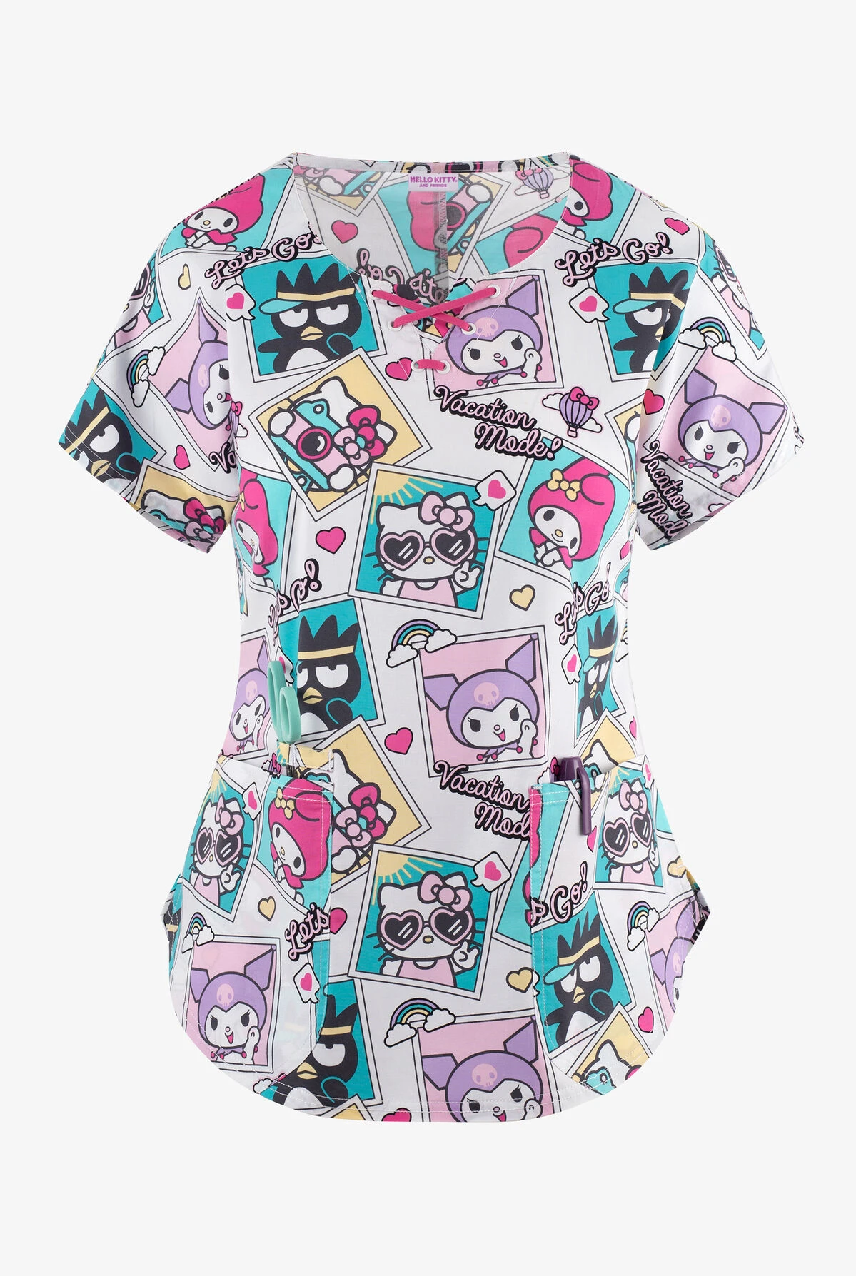 Cherokee Tooniforms Let's Go Hello Kitty Women's 2-Pocket STRETCH Notch Neck Print Scrub Top 1 Cherokee Tooniforms Let's Go Hello Kitty Women's 2-Pocket STRETCH Notch Neck Print Scrub Top