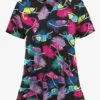 UA Butter-Soft STRETCH Chameleon Adventure Black Printed Women's 2-Pocket V-Neck Scrub Top